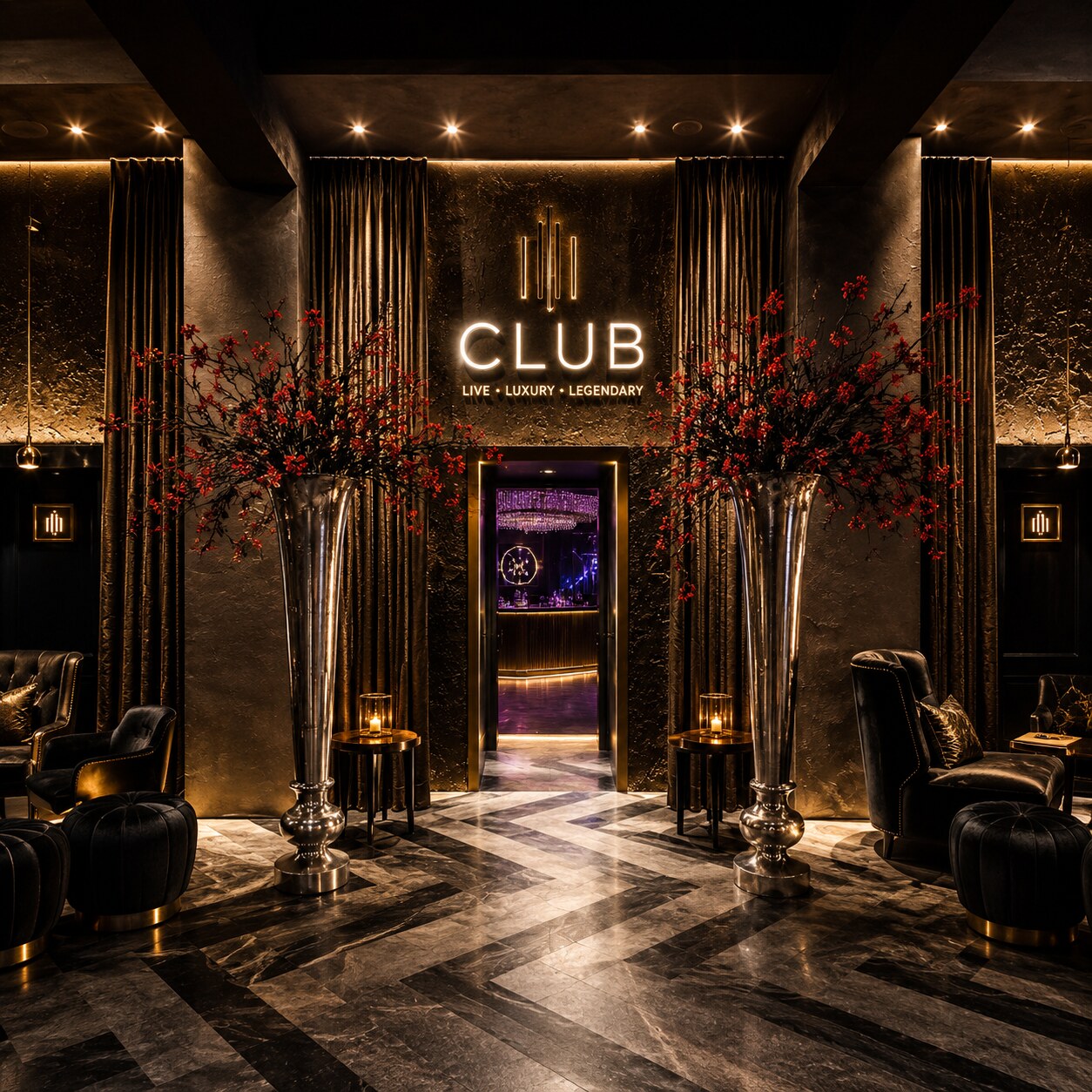 Dramatic luxury club entrance with sculptural floral arrangements and lighting